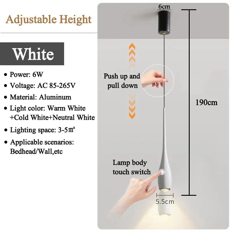 Simples Market MARPOU LED Pendant Light, 6W white aluminum modern chandelier with adjustable height and touch switch.
