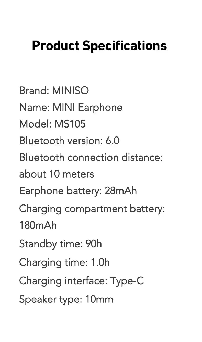 MINISO MS105 Bluetooth in-ear earphones specs sheet with model MS105, Type-C charging, 10mm speaker, IPX5 waterproof