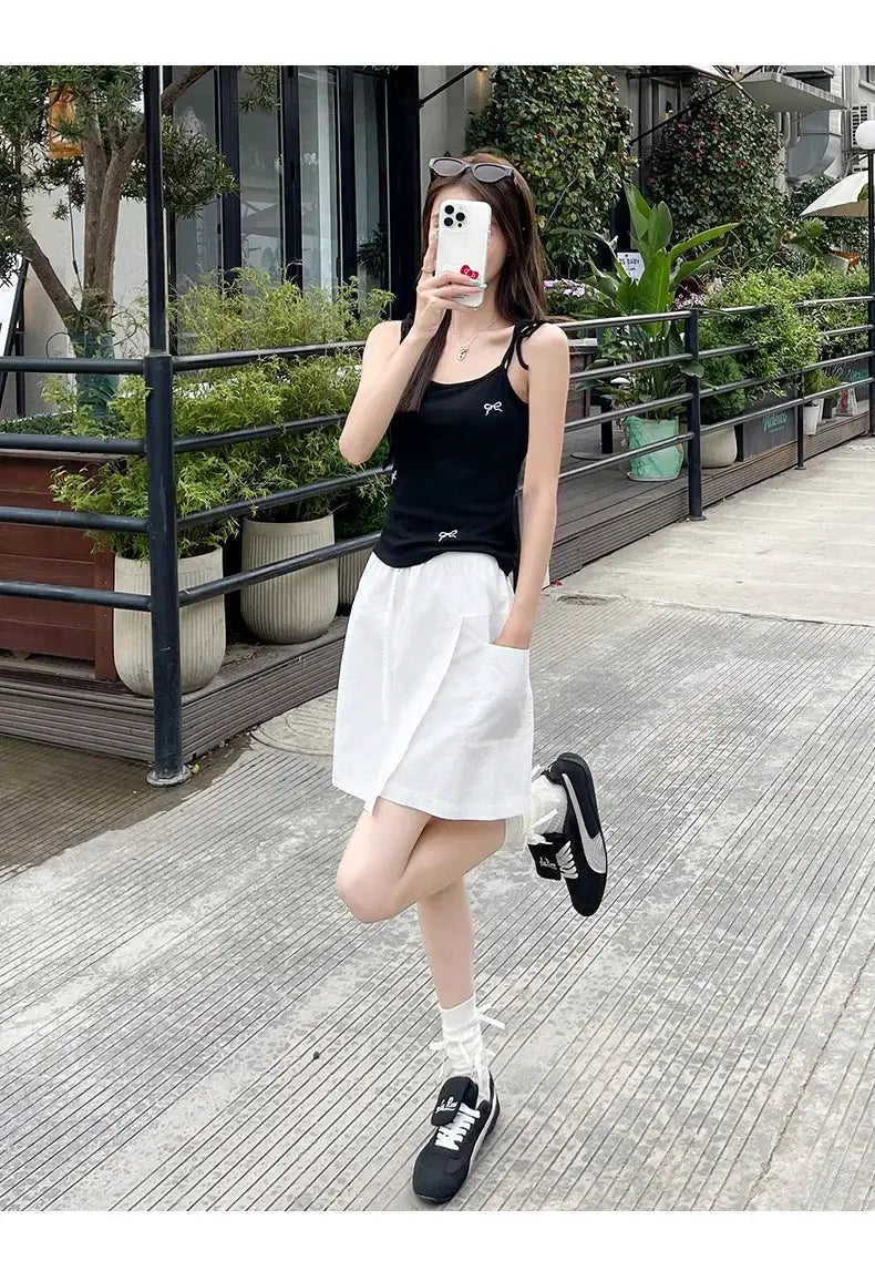 Fake 2 Piece Shorts Skirts for Women by Simples Market, white high-waist A-line mini with side slit