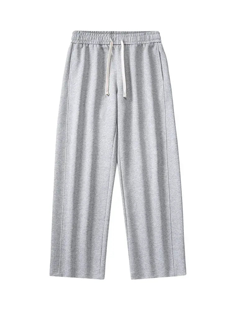 Men's grey cotton sweatpants with drawstring, wide-leg straight track pants for casual wear
