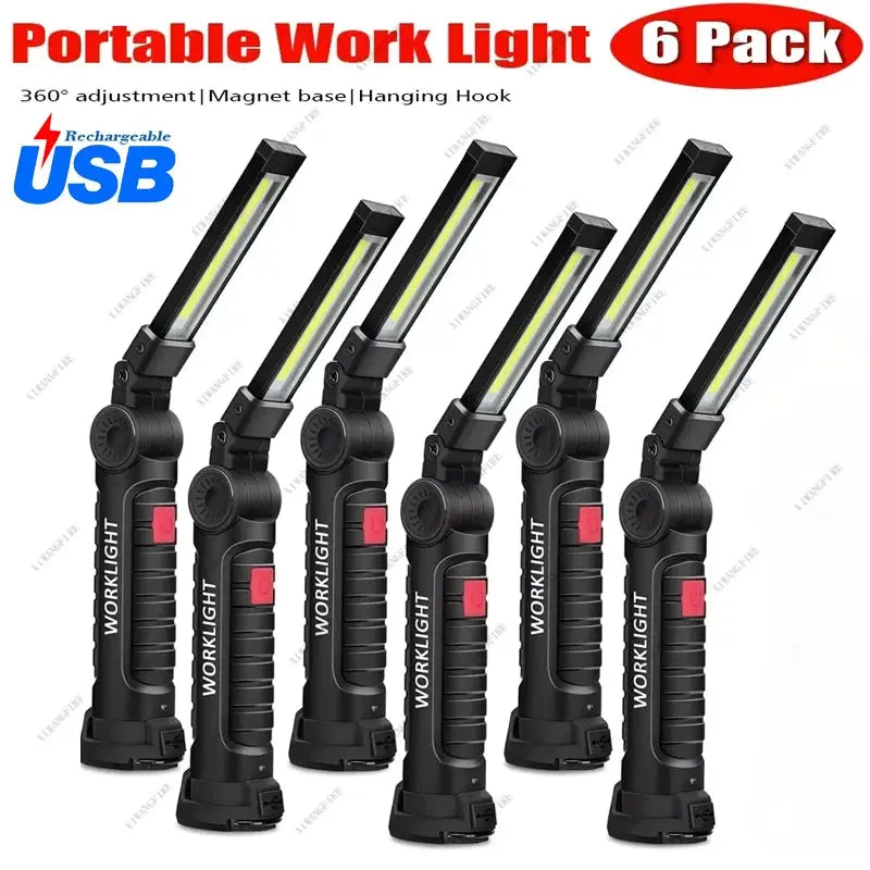 Simples Market portable COB LED work light set, 6-pack rechargeable USB flashlight with magnetic hook and 18650 battery