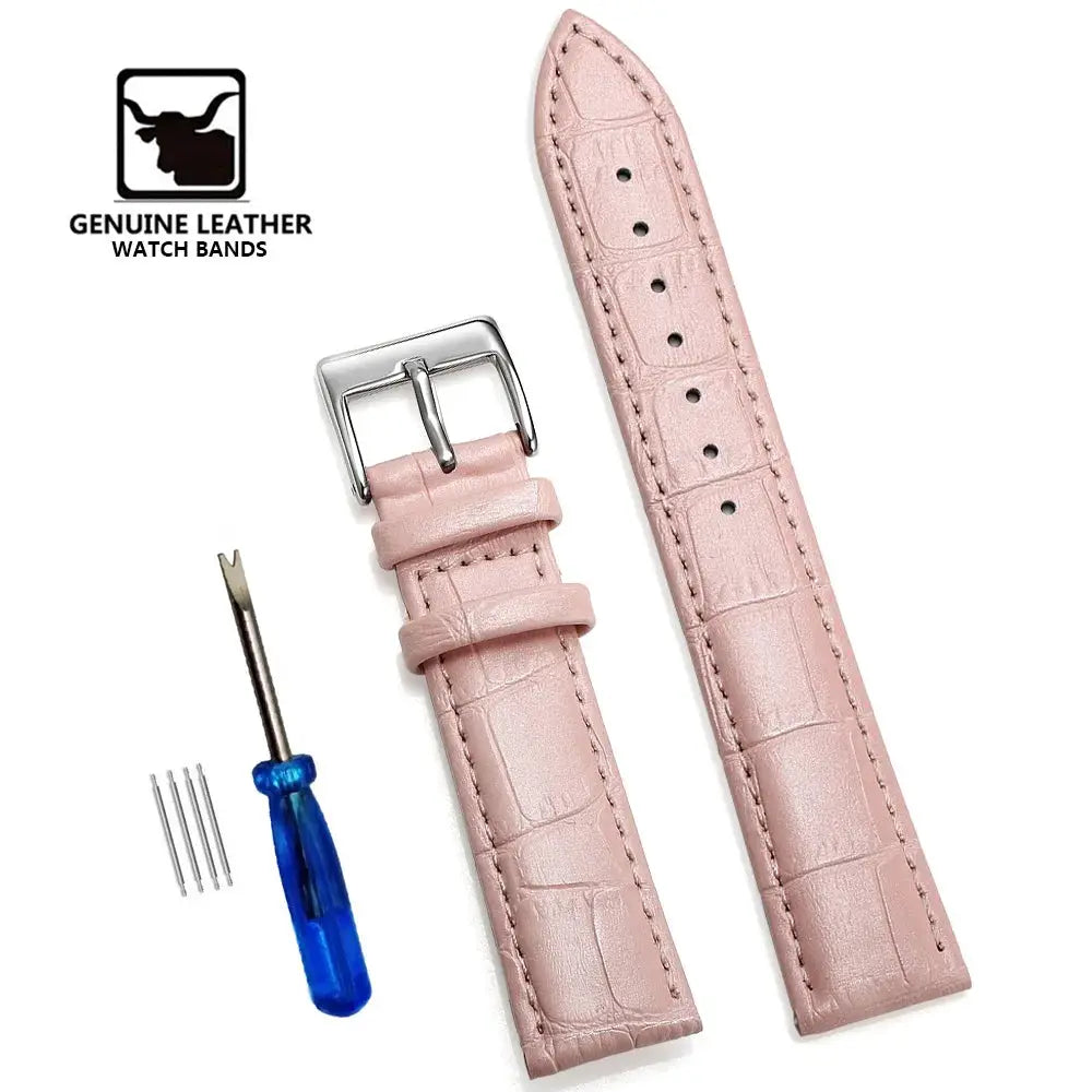 Pink genuine leather watch bands (2) by Simples Market, crocodile-embossed with buckle, tool and pins