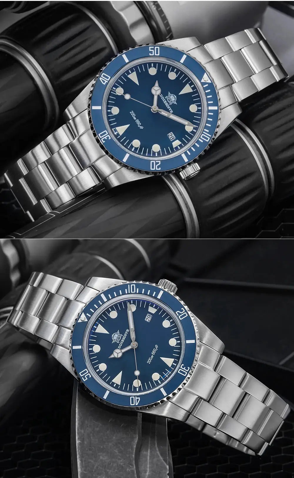 ADDIESDIVE luxury men's analog diver watch, blue dial with luminous markers, ceramic bezel, stainless steel bracelet.