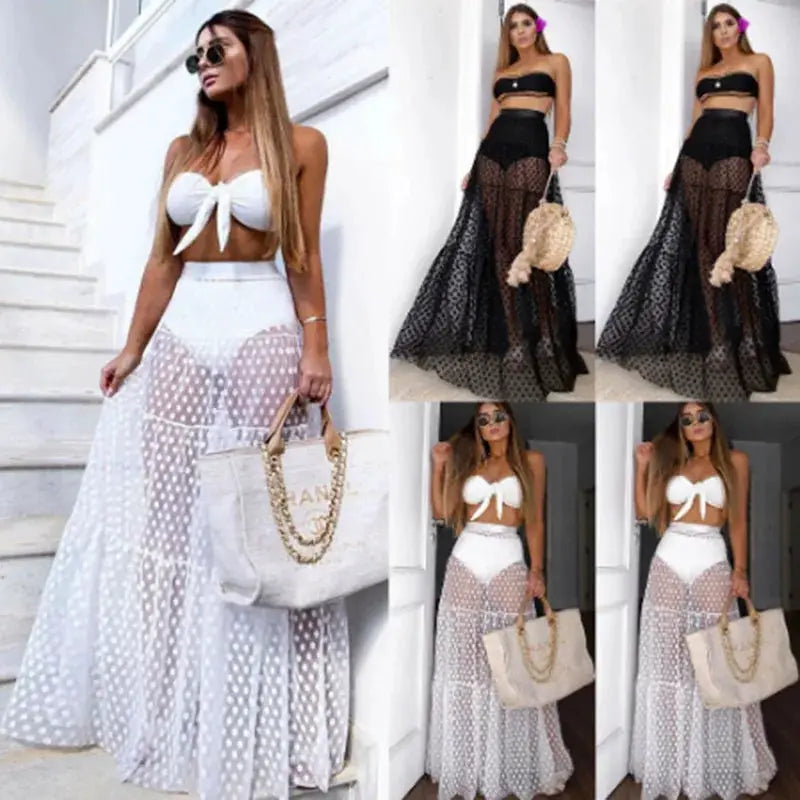 Simples Market Y2K mesh polka-dot maxi skirt, white/black, high-waist see-through overlay; 5 looks