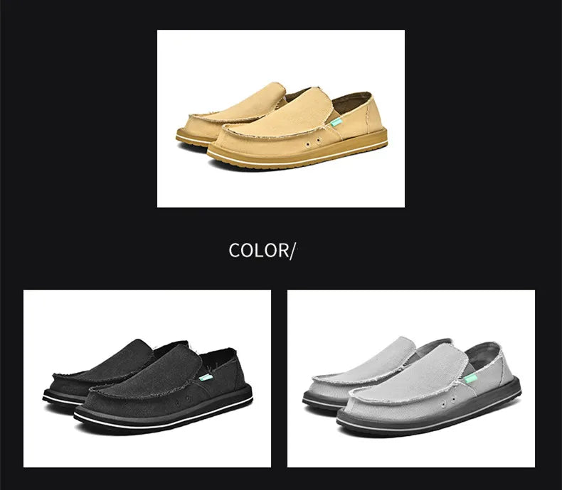 Simples Market canvas casual men shoes set in tan, black and gray; 3 colorways of breathable low-top slip-on loafers