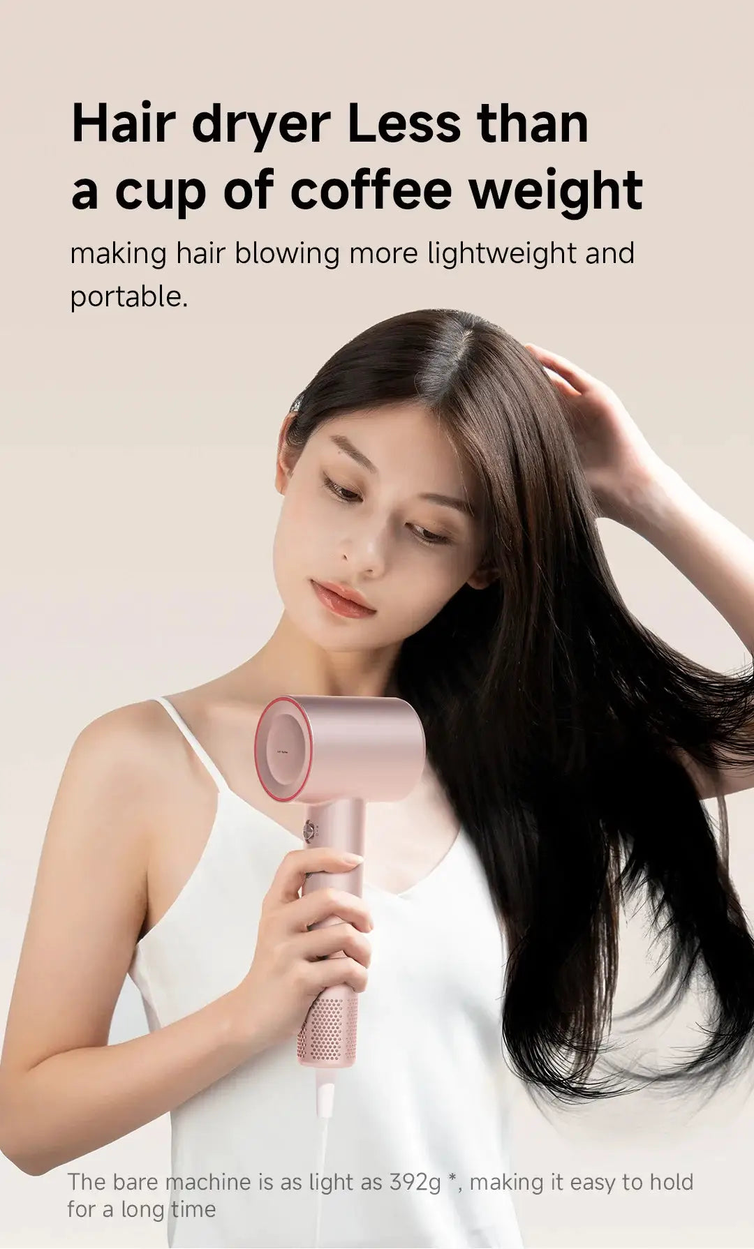 DOCO hair dryer, pink handheld, lightweight and portable.