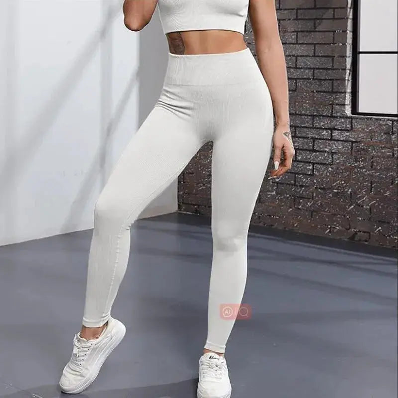 Thread Solid Leggings Women: white seamless knit high-waist yoga tights for workouts