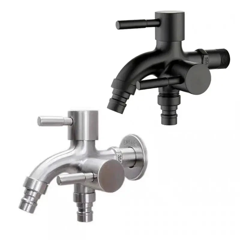 1/2in double-outlet faucet set of two with dual controls, Simples Market, black and chrome finishes.