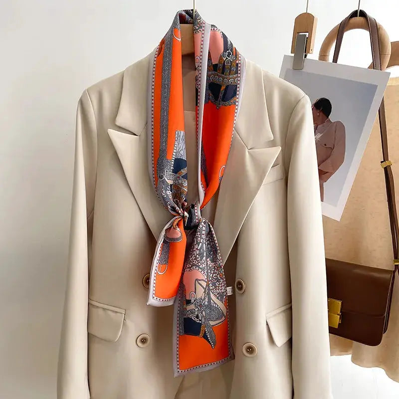 LuxeSilk Silk Feel Printed Design Scarf Versatile Long Narrow Silk Shawl For Fashionable Styles