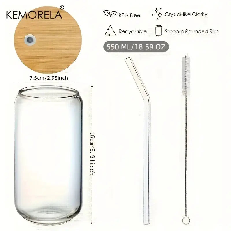 18.6oz 540ML Can Shaped Glass Cups With Bamboo Lids And Glass Straws For Beer Iced Coffee Wine Cocktail