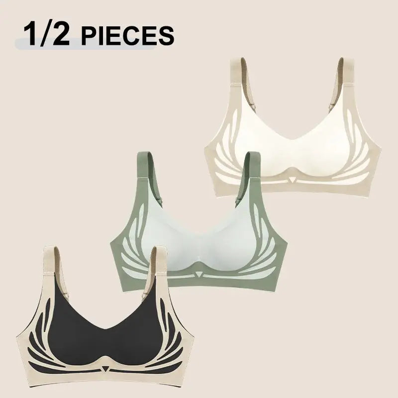 Push-up bras 3-pack by Simples Market with angel wings cutout design in beige, sage green, and black