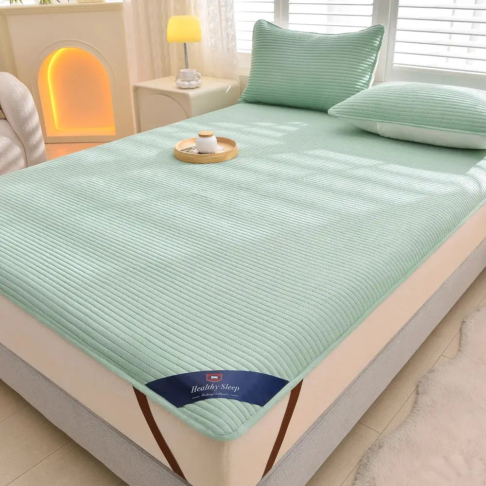 Striped mint-green waterproof mattress protector by Simples Market for single/double beds