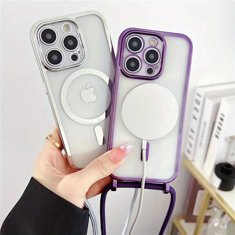Simples Market Crossbody Lanyard Plating phone case for iPhone with MagSafe, clear back and silver-purple metal frame (2-pack)