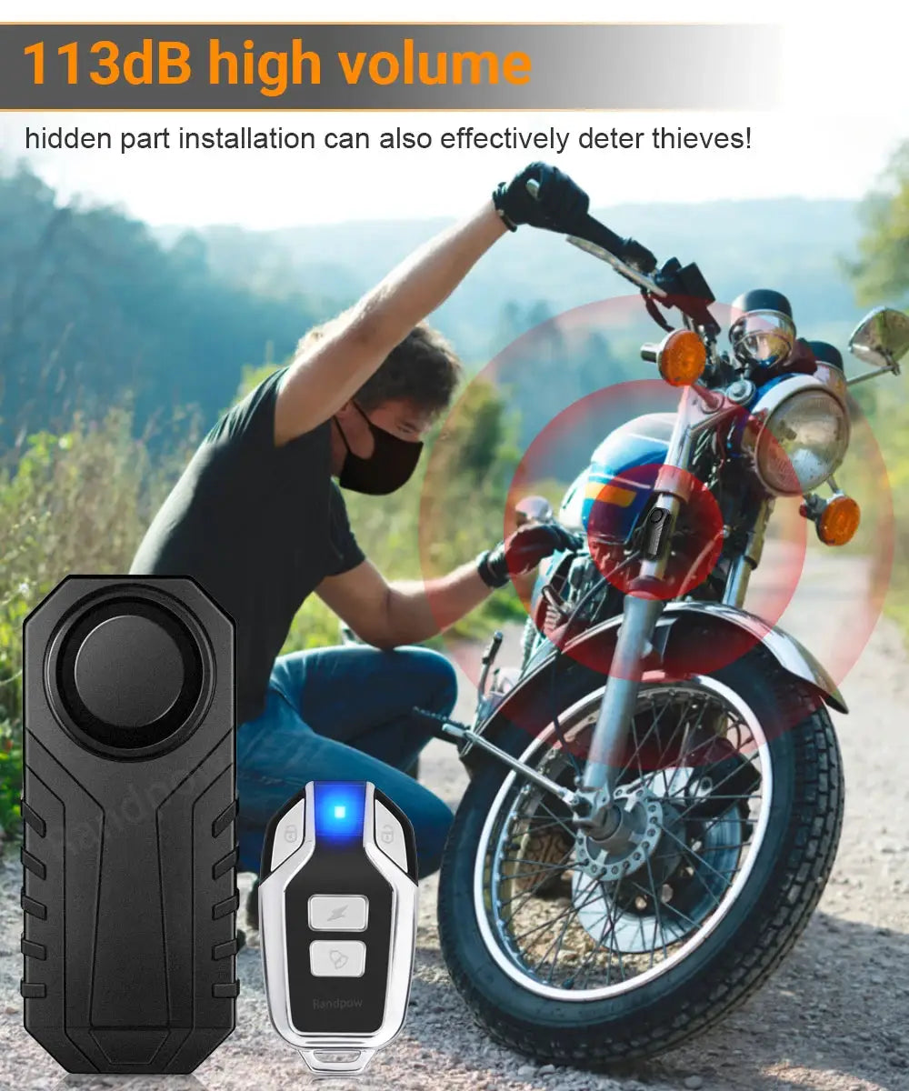 Randpow waterproof motorcycle alarm with wireless remote and 113dB vibration sensor; Simples Market