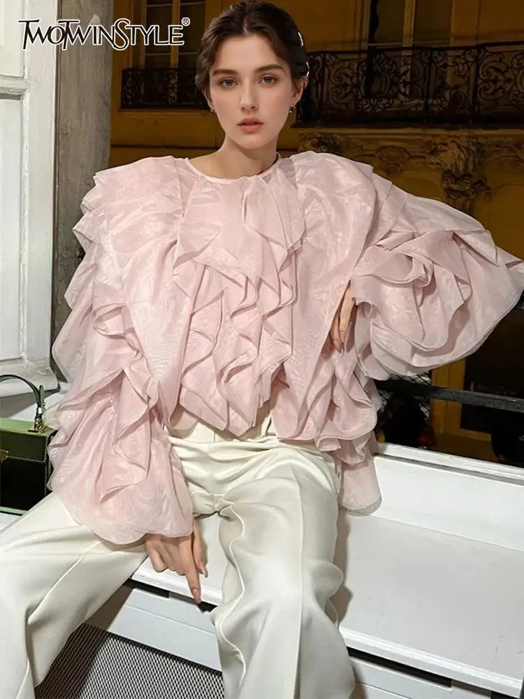 Twotwinstyle Elegant Patchwork Ruffles Chiffon Blouse O Neck Lantern