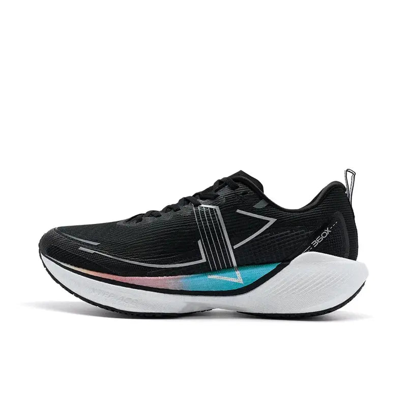 Xtep 360X men's running shoe, black lightweight ETPU trainer with white midsole and gradient accent