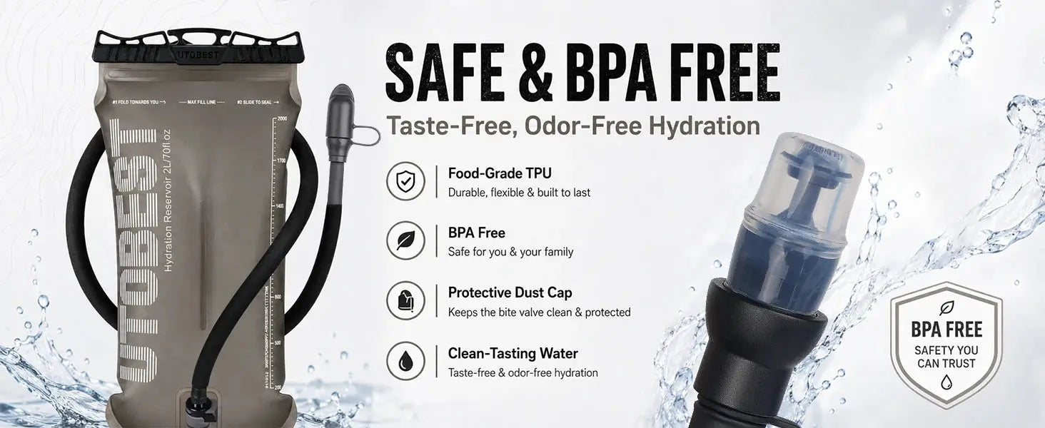 Simples Market UTOBEST hydration bladder in gray TPU reservoir with BPA-free bite valve and hose (1.5L/2L/3L).