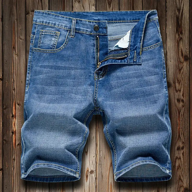 Men's slim denim shorts, blue, casual knee-length with zip fly