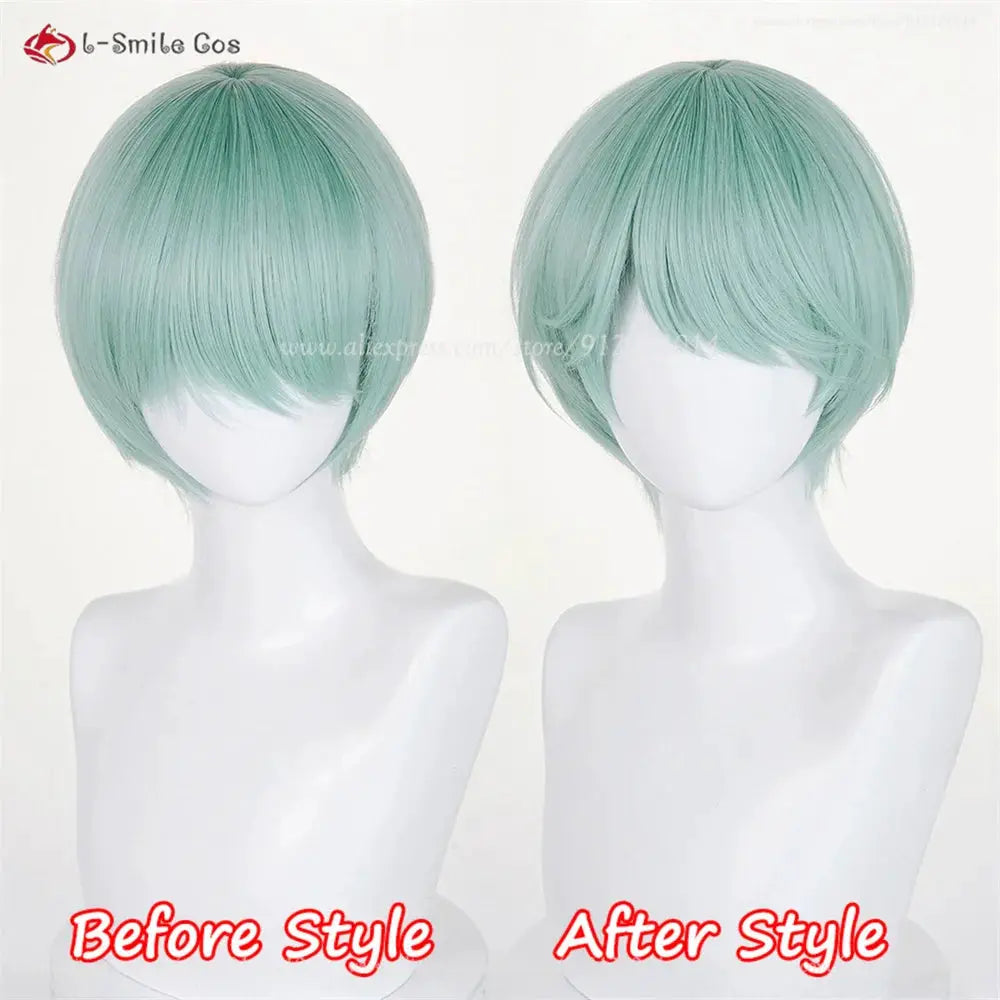 Two mint-green anime cosplay wigs, short bob styles, heat-resistant synthetic hair by Simples Market