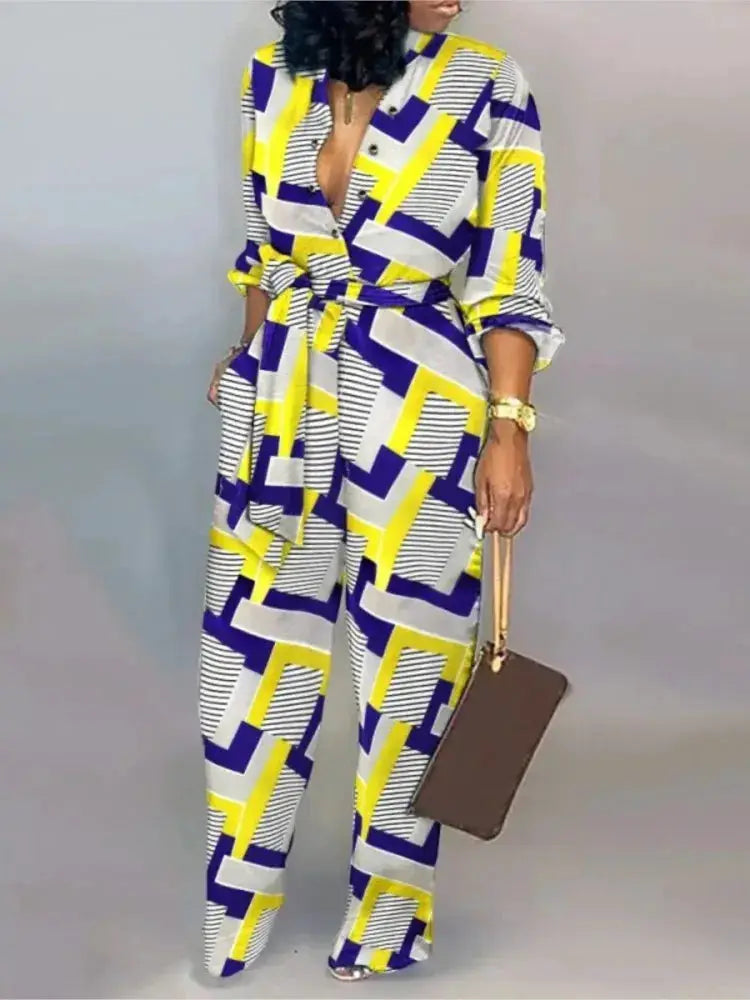 Women letter-print long-sleeve jumpsuit with belted waist in yellow, purple and white geometric pattern