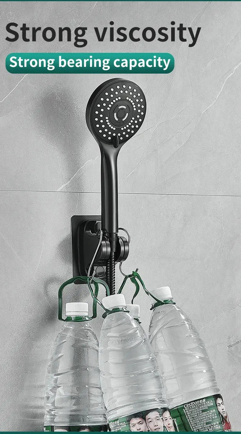 Simples Market black handheld shower head with wall-mounted bracket and hose; three water bottles hang from it.
