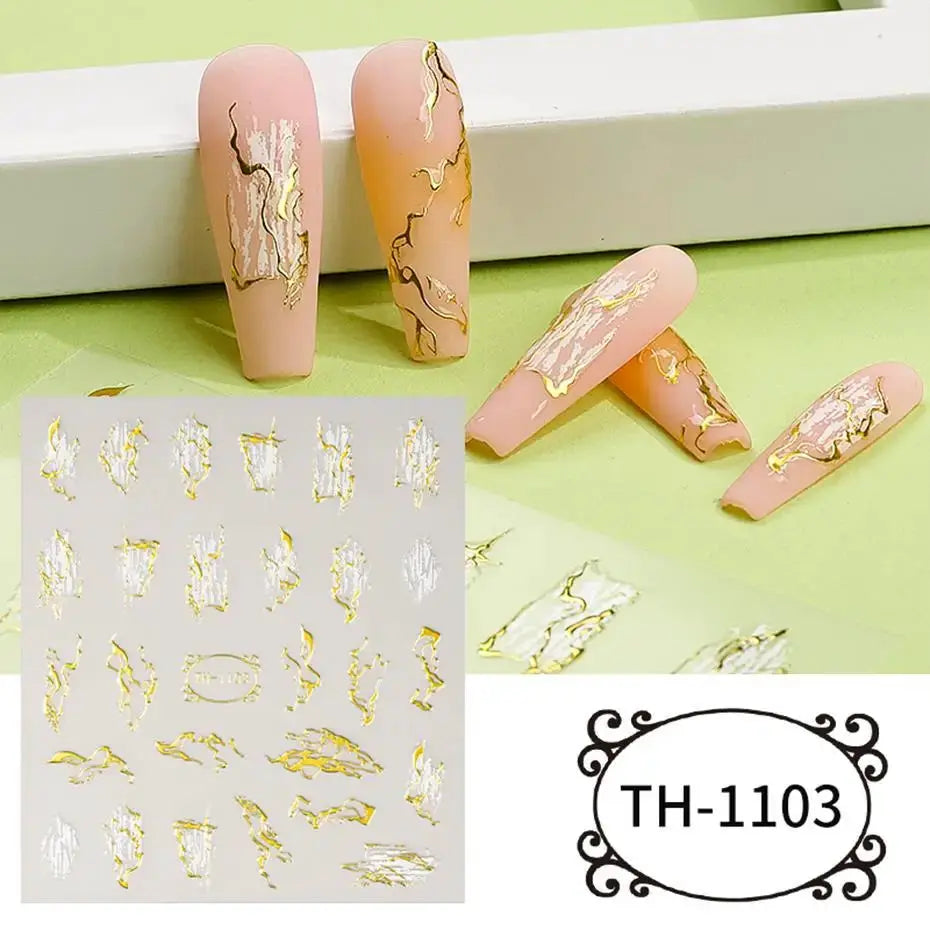 Nail art decals Simples Market; bronzing gold foil geometric lines and floral 3D stickers for nude pink nails