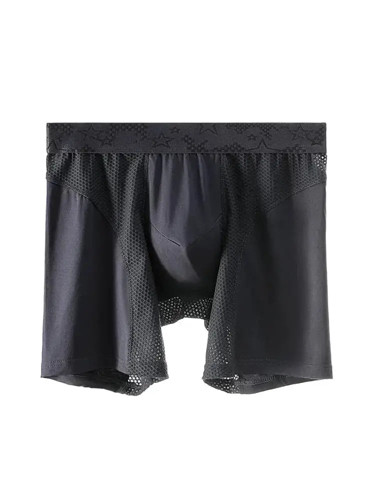 Men's extra-long boxer briefs in black with breathable mesh panels and extended legs