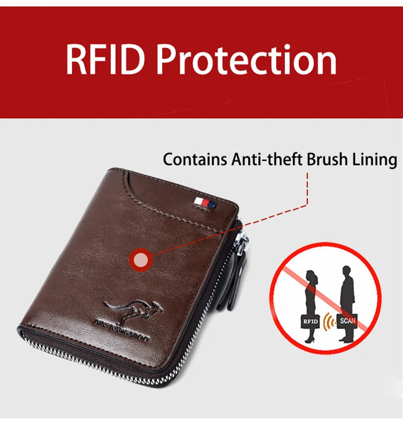 Mustang men's brown leather wallet with zipper, RFID protection and anti-theft lining.