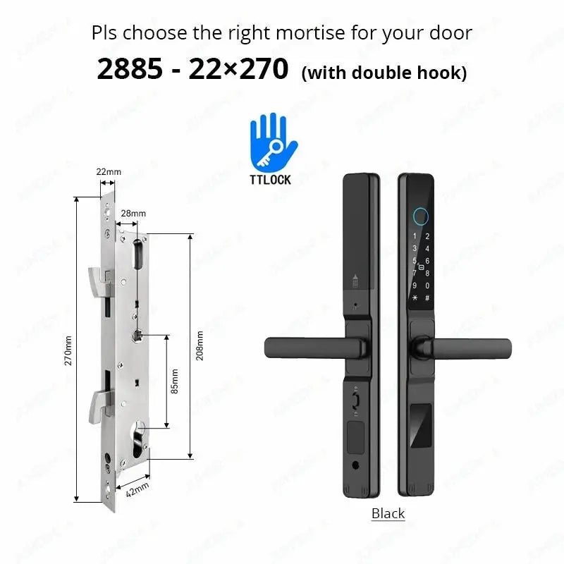 Waterproof sliding door smart lock, black aluminum body with TTLock app, keypad and fingerprint reader.