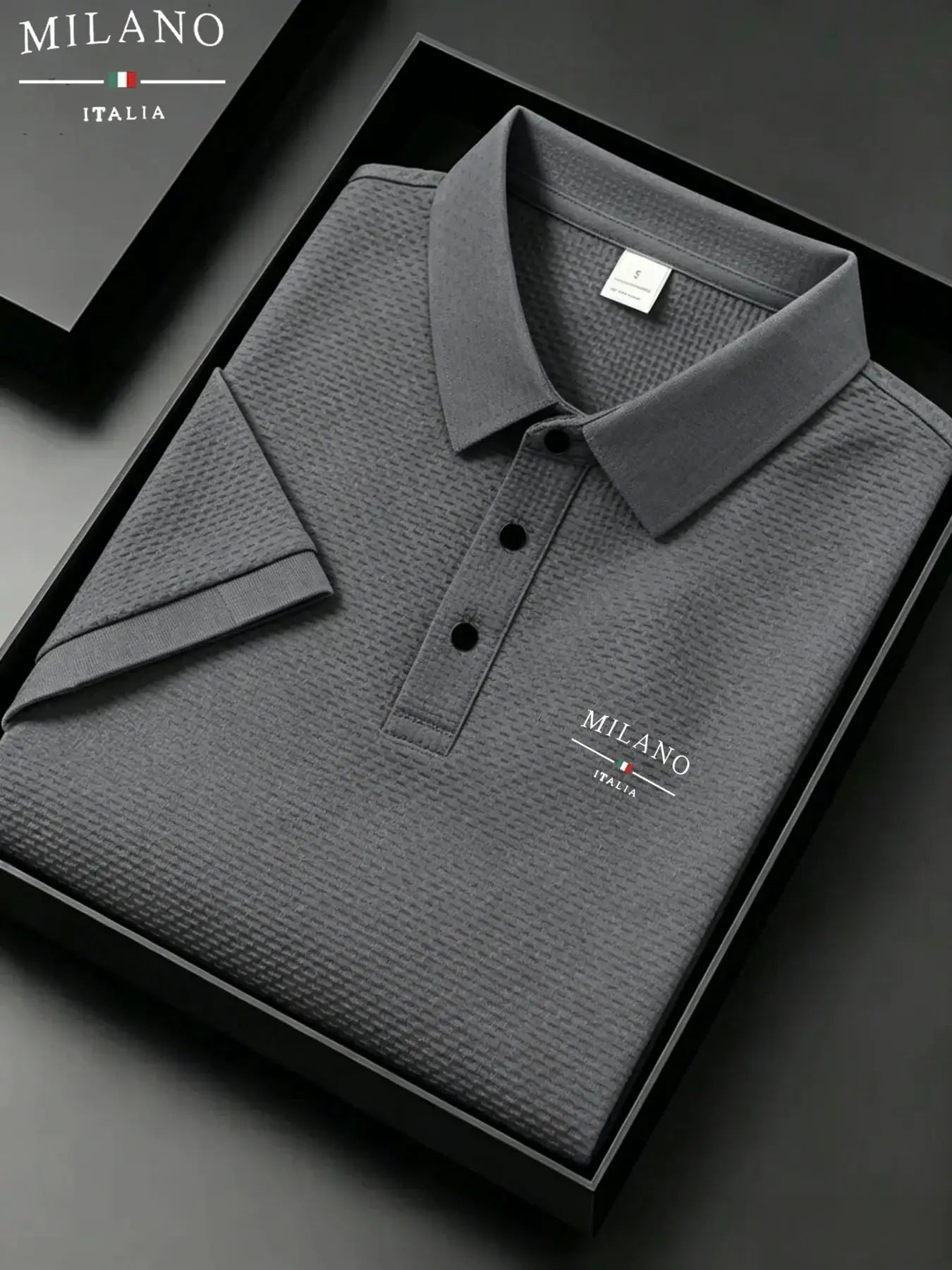 Men's short-sleeved polo shirt in gray textured fabric with Milano Italia branding on the packaging box.