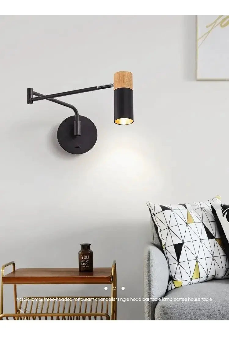 Wall lamp in black metal with wood-accent cylindrical shade, Simples Market modern reading light