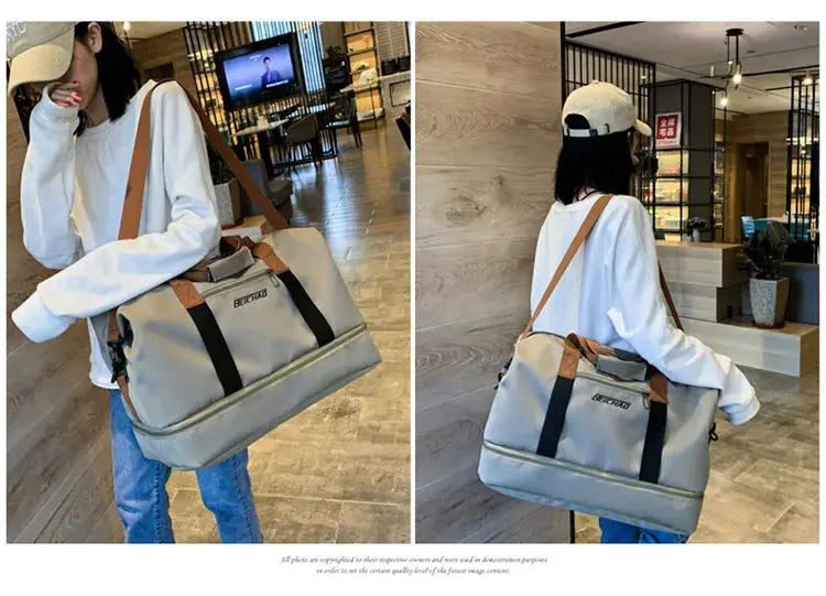 Simples Market travel gym bag in beige with tan straps and black handles; crossbody carry-on duffle.