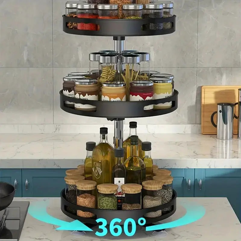 360° rotating storage rack by Simples Market with black metal tiers and glass jars on a kitchen countertop