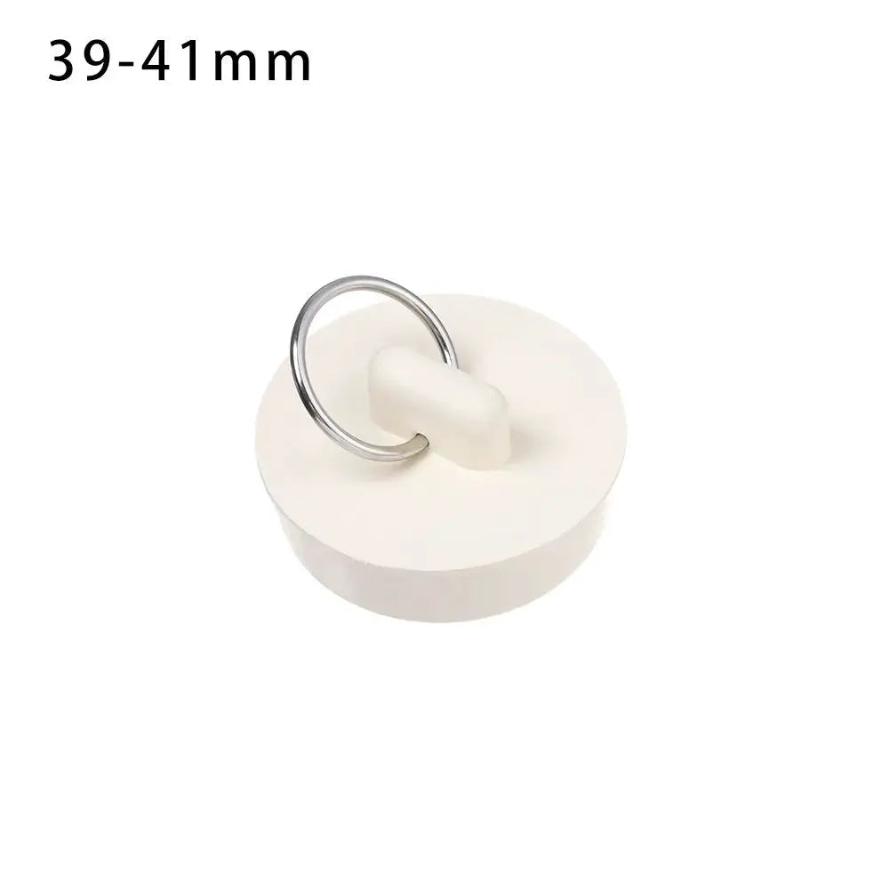 White rubber sink drain stopper with metal ring pull for sinks and bathtubs