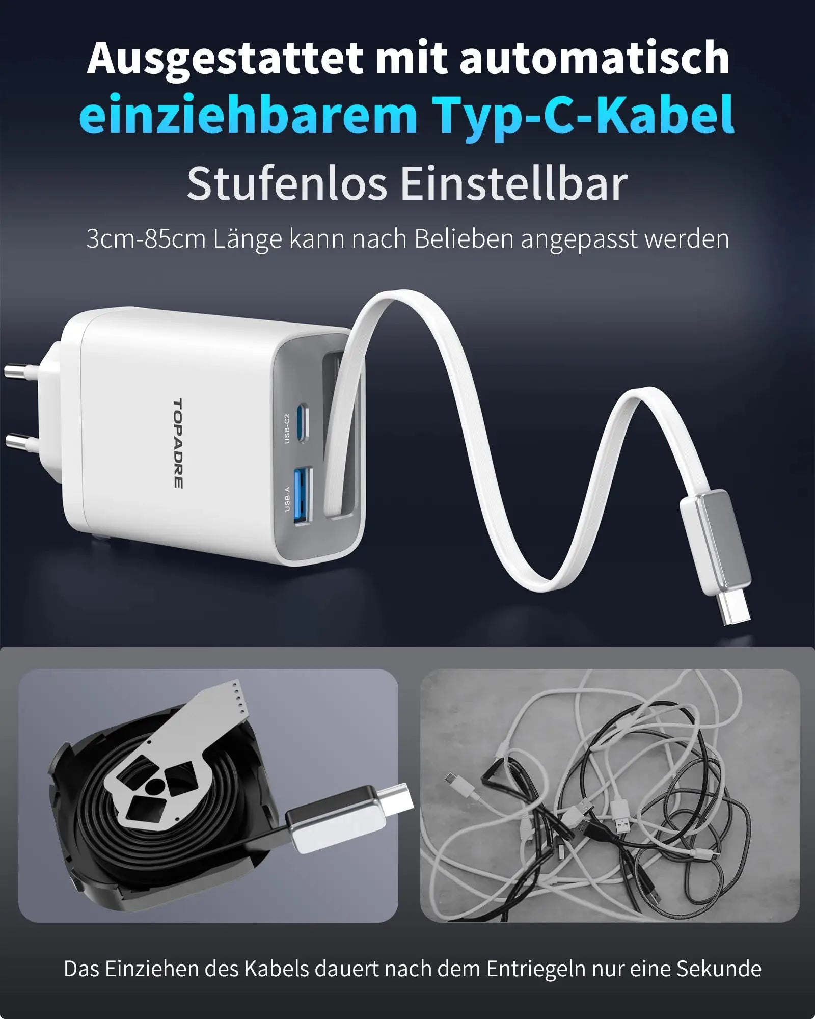 Simples Market 65W GaN PD3.1 charger with retractable USB-C/USB-A cable, white, 3 ports