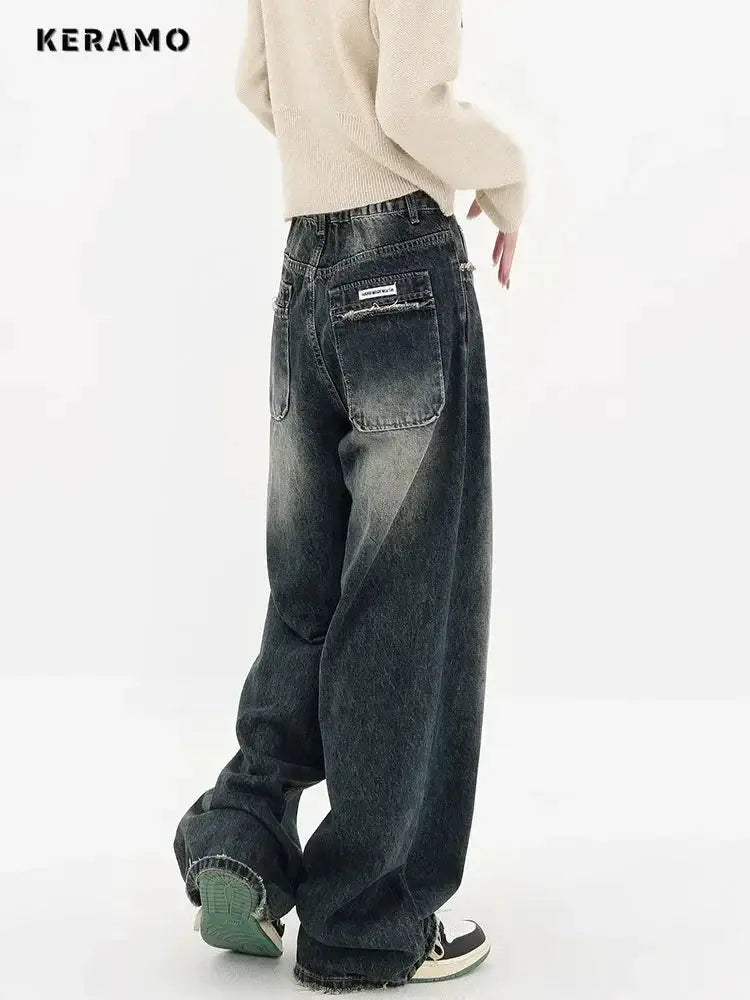 Harajuku Streetwear High Waist Jeans Loose Wide Leg Denim Trousers