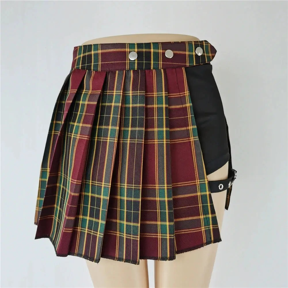 Skirt Harajuku punk red-green plaid pleated mini with black side panel and silver snaps