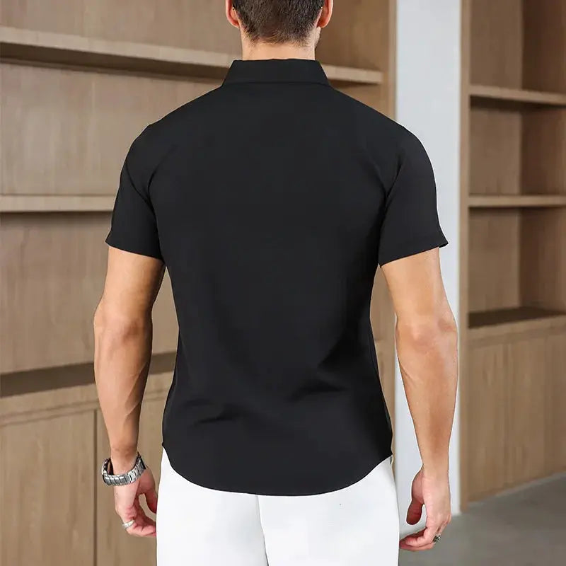 Simples Market men's solid black short-sleeve business-casual shirt, no ironing, versatile summer top.