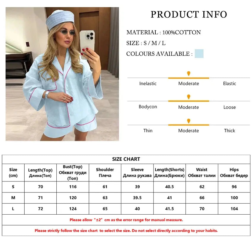 Blue Cotton Two Piece Set Women With Long Sleeve And High Waist Shorts