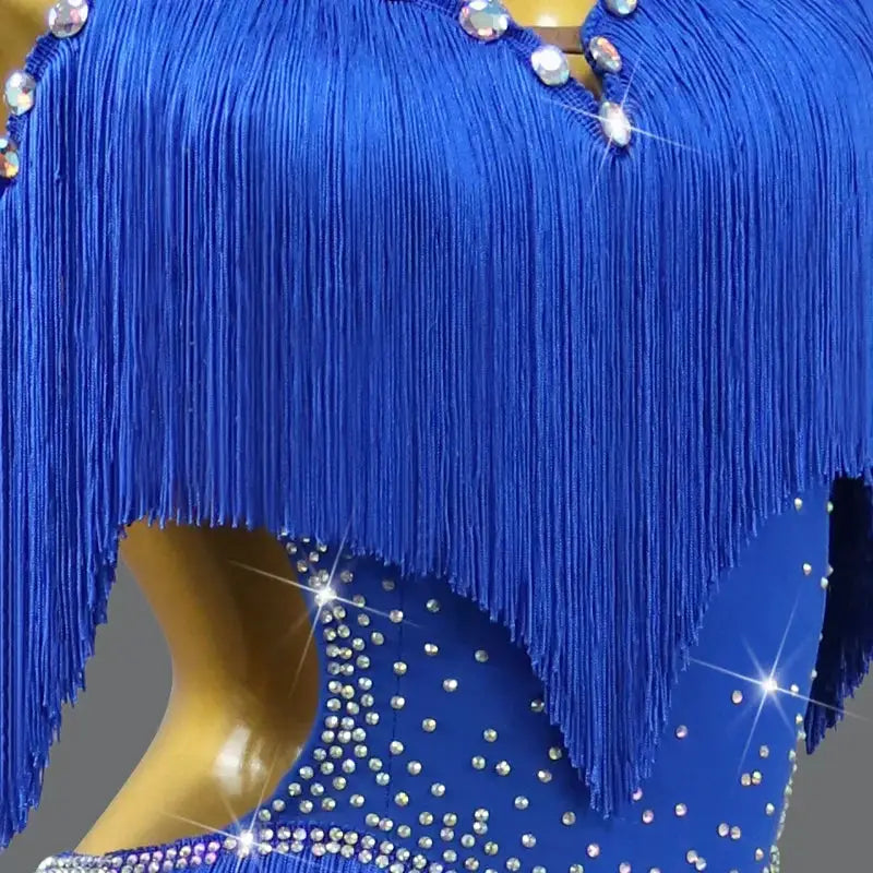 LumaDance Latin Performance Dance Dress For Women Flexible Nylon Elastane Knit With Fringe Skirt Blue