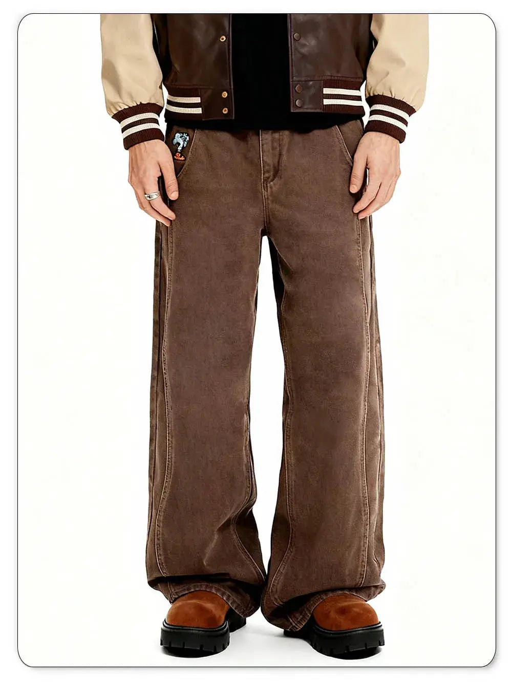 Men's brown wide-leg denim jeans with cartoon elephant embroidery