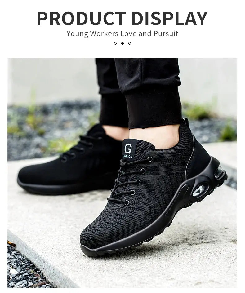 Air Cushion Work Safety Shoes, black knit upper, lace-up, steel-toe, G FASHION logo