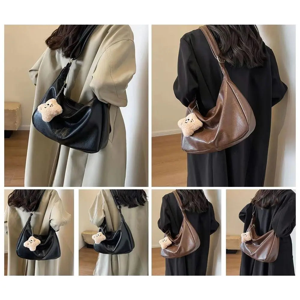 Trendy slouchy shoulder bag for women, Simples Market PU leather hobo tote, black or brown with plush charm
