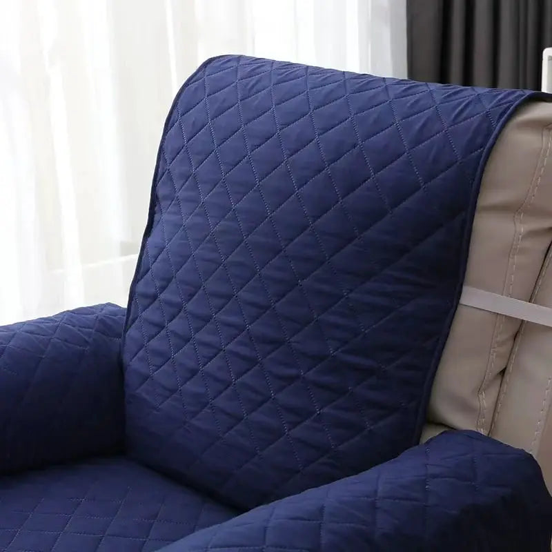 Solid navy blue quilted recliner sofa cover with anti-slip design
