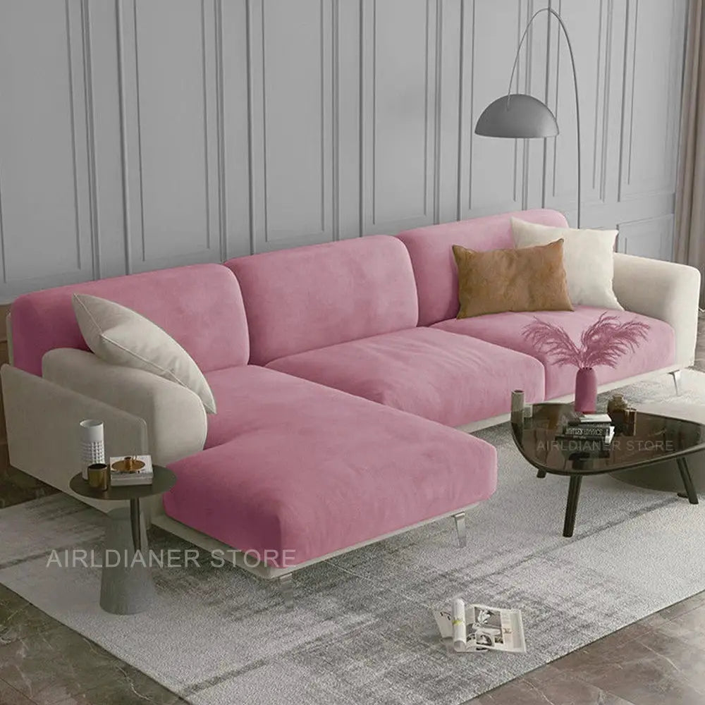 Simples Market pink velvet sofa seat cover with elastic cushions on a modern sectional living room sofa.