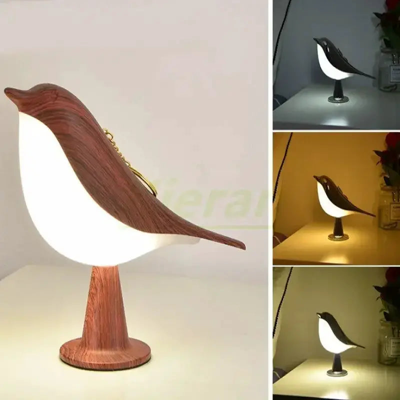 Simples Market Magpie LED desk lamp, white body with a wooden tail on a wooden pedestal.