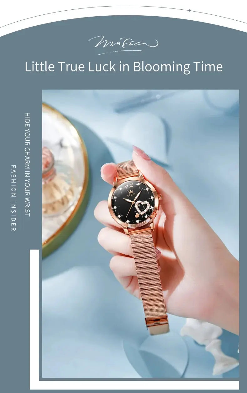 OLEVS 5189 women's quartz watch with rose-gold mesh steel band and heart-design dial