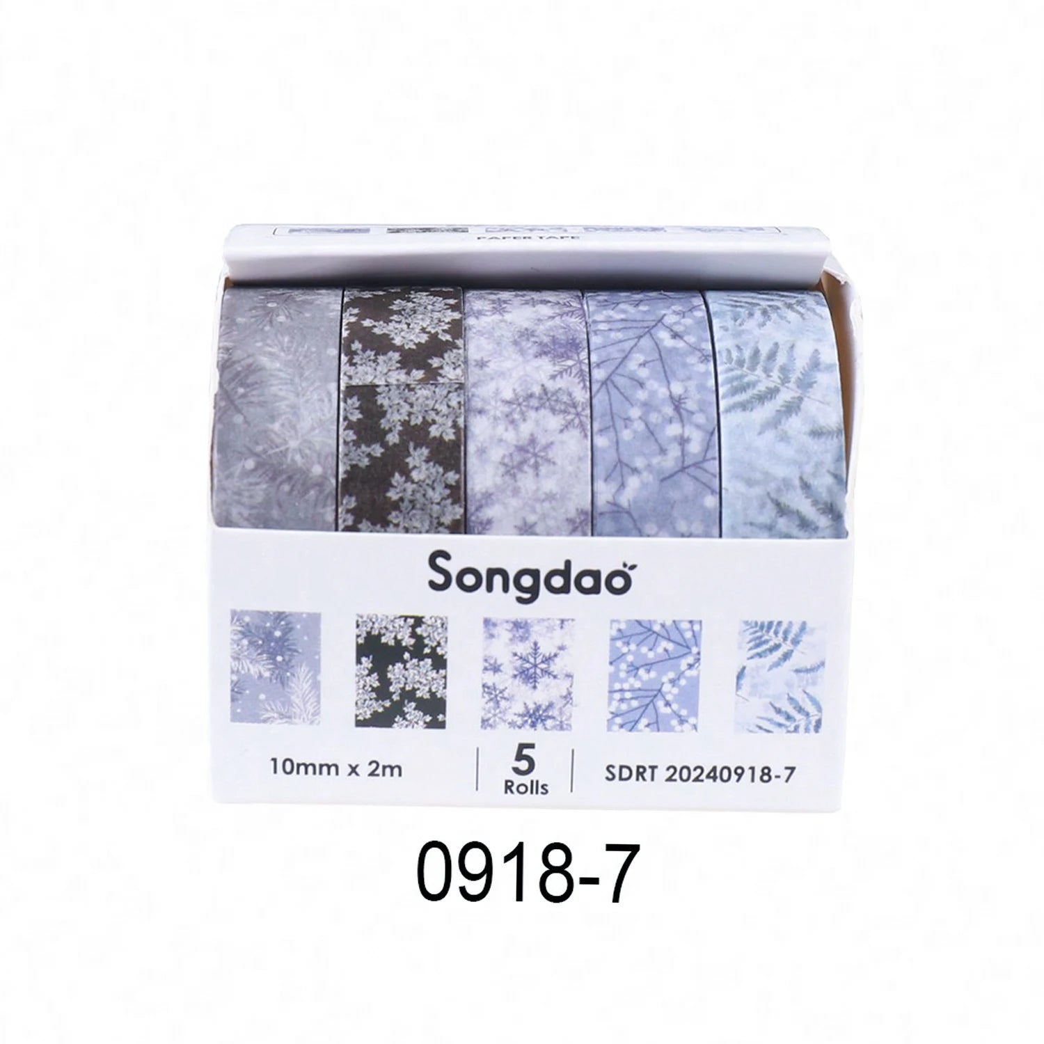 5 blue floral washi tape rolls in a boxed set by Simples Market with Songdao logo