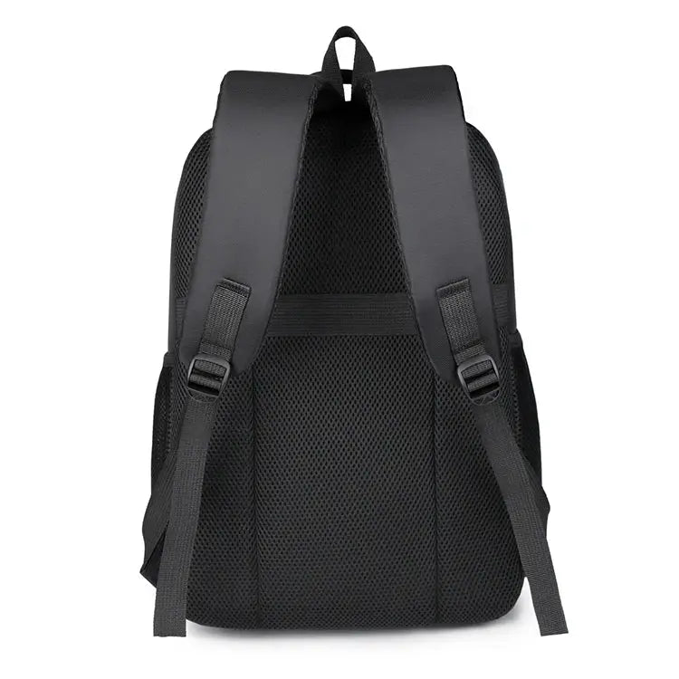 Travel backpack by Simples Market in black with padded shoulder straps and breathable mesh back.