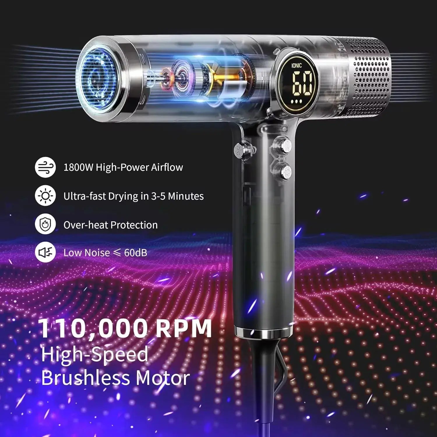 Hair dryer by Simples Market, 110000 RPM high-speed brushless ionic, silver and black.